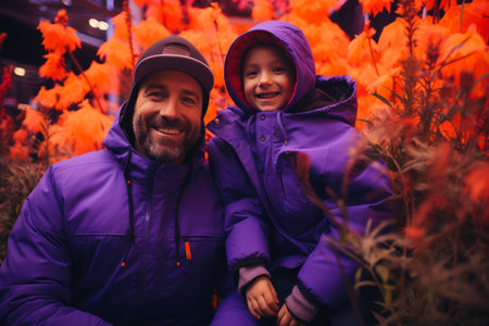 a man and a child in purple jackets pose for a photo in front of orange flowersの素材