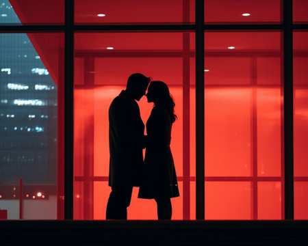 a man and a woman are silhouetted in front of a windowの素材