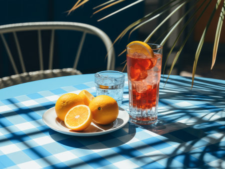 a glass of orange juice and a plate of lemons on a tableの素材