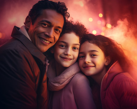 a family posing for a photo in front of a christmas treeの素材