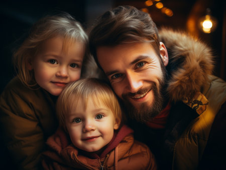 a man and two children are smiling for the cameraの素材