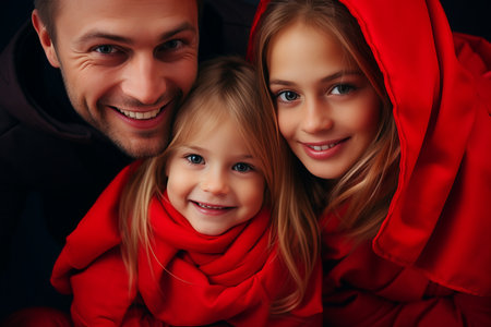a man and two children in red hooded sweatshirtsの素材