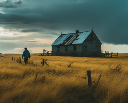 a man walking in a field with an old house in the backgroundの素材