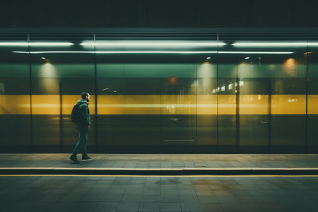 a person standing in front of a train station at nightの素材