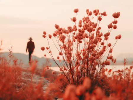a man is standing in front of a field of red flowersの素材