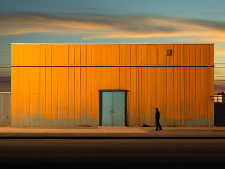 a man walks past an orange building with a blue doorの素材