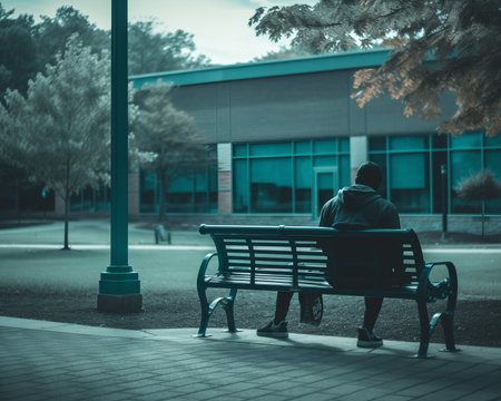 a person sitting on a bench in front of a buildingの素材