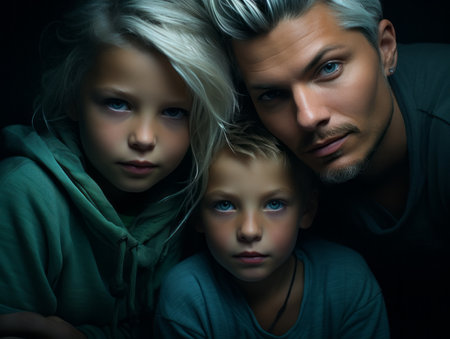 a man and two children posing for the cameraの素材