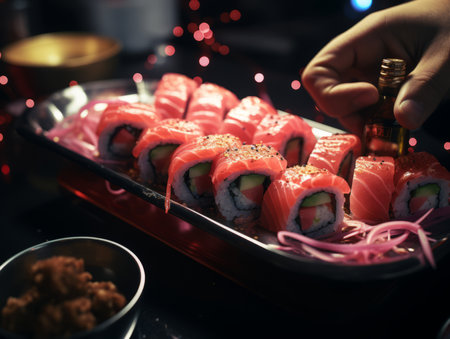 a person is placing sushi rolls on a trayの素材