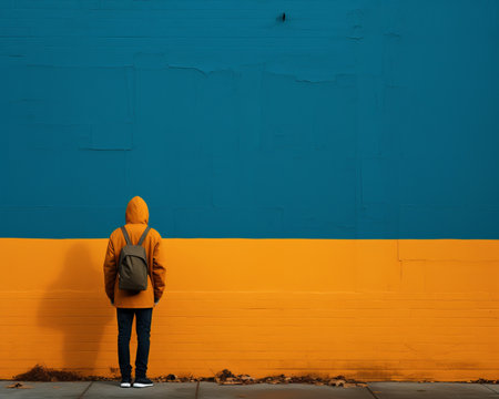 a person standing in front of a blue and orange wallの素材