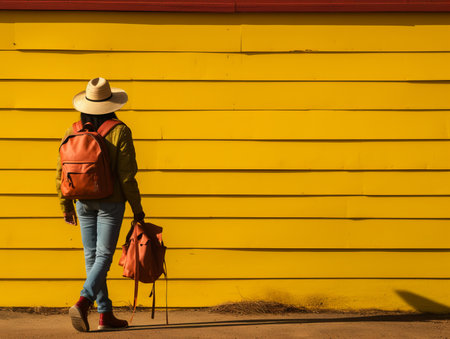 a person with a hat and a backpack walking in front of a yellow wallの素材