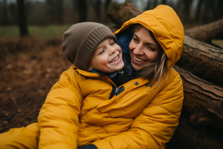 a mother and son in yellow jackets sitting on a log in the woodsの素材