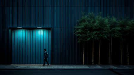a person walking past a blue door in front of a buildingの素材