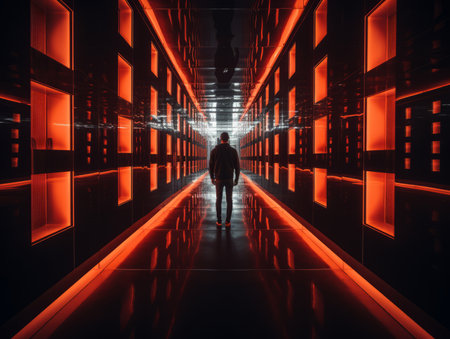 a person walking through an empty hallway with red lightsの素材
