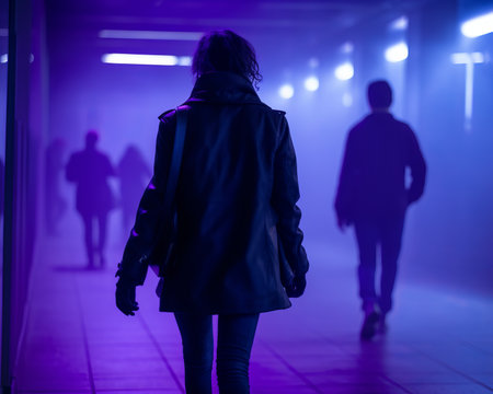 a person walking through a dark hallway with purple lightsの素材