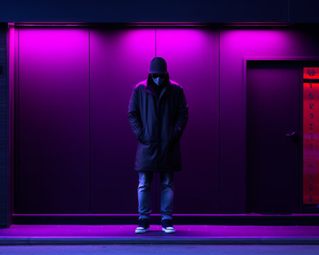a person standing in front of a purple lightの素材