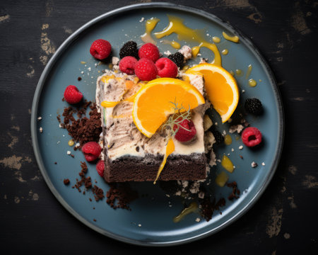 a piece of chocolate cake with raspberries and orange slicesの素材