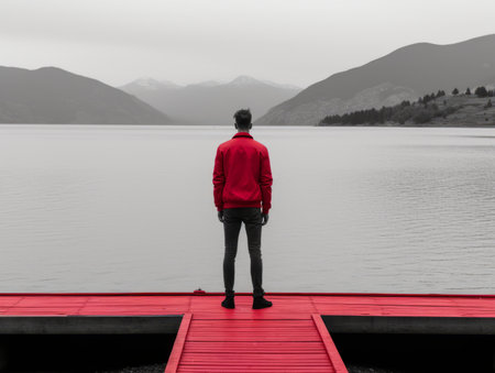 a man standing on a dock looking at a lake and mountainsの素材
