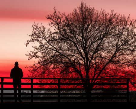 a person is standing in front of a fence at sunsetの素材