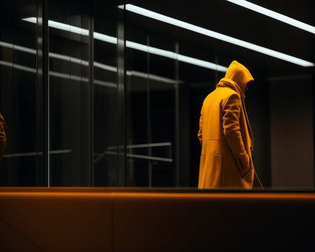 a person in a yellow coat standing in front of a mirrorの素材