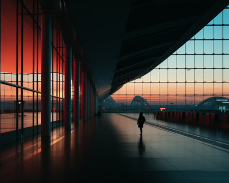 a person walking through an airport at sunsetの素材