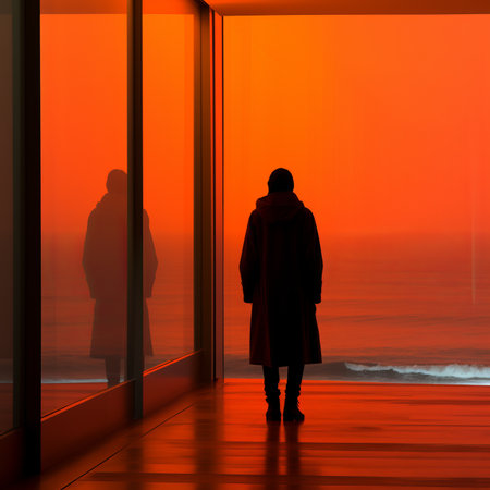 a person standing in front of a large window looking out at the oceanの素材