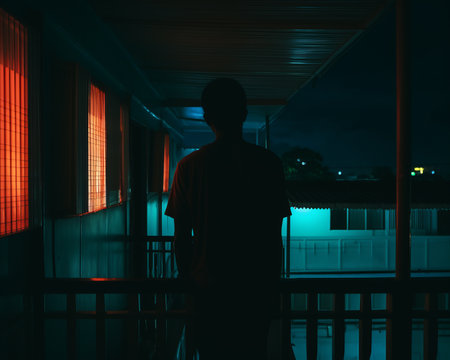 a person standing on a balcony at nightの素材