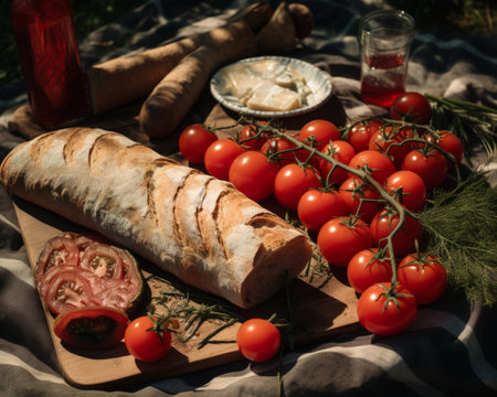 a picnic table with bread tomatoes and cheeseの素材