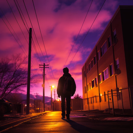 a person walking down an empty street at nightの素材