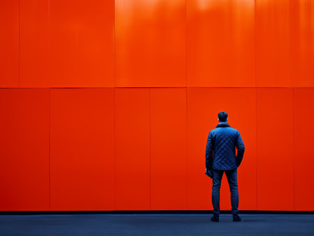 a man standing in front of an orange wallの素材