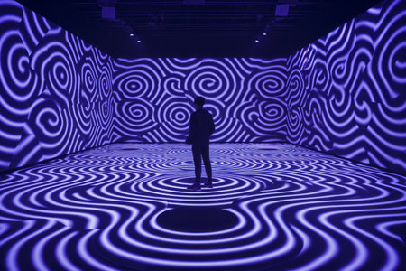 a person standing in front of a room with purple lightsの素材