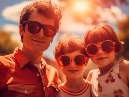 a man and two children wearing sunglasses on a sunny dayの素材
