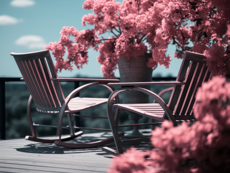 a pair of rocking chairs sit on a wooden deckの素材