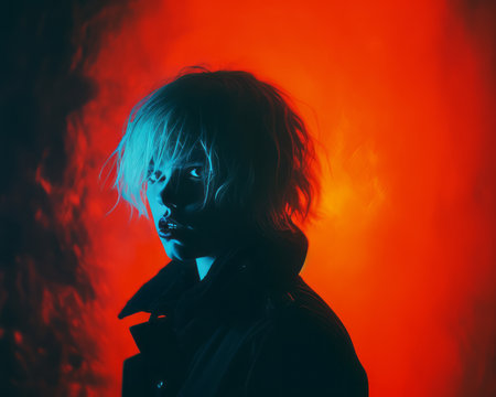 a person with blonde hair standing in front of an orange lightの素材