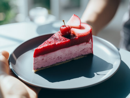a piece of cheesecake on a plate with a cherry on topの素材