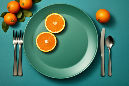 a plate with two oranges on it and a knife and forkの素材