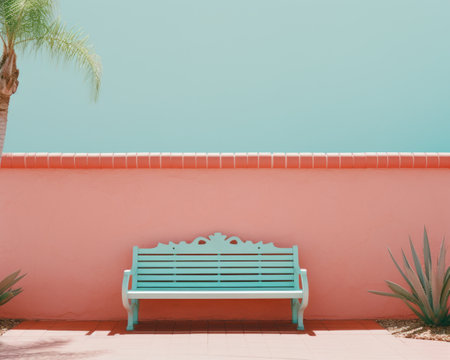 a pink wall with a blue bench sitting in front of itの素材