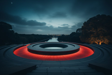 a red light is shining on a circular structure in the middle of the nightの素材