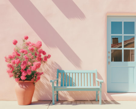 a pink wall with a blue door and a potted plant in front of itの素材