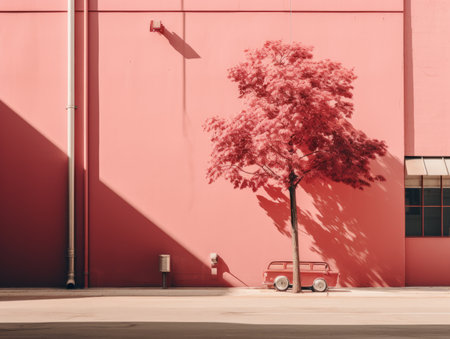 a red building with a tree in front of itの素材