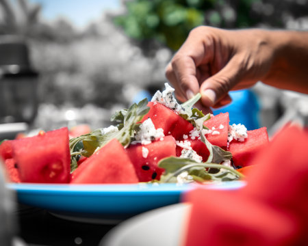 a plate of watermelon on a tableの素材