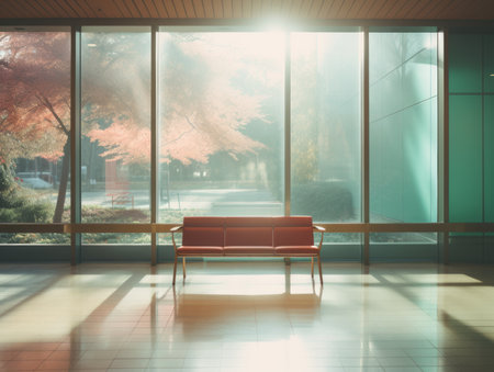 a red bench sitting in front of a large windowの素材