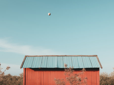 a red barn with a blue roofの素材