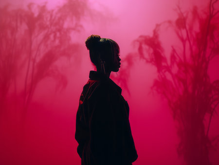 a silhouette of a woman standing in front of a pink foggy backgroundの素材