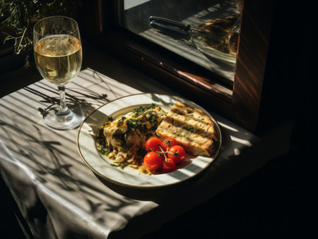 a plate of food on a table next to a glass of wineの素材