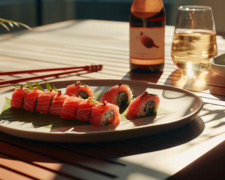 a plate with sushi and wine on a wooden tableの素材