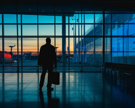a silhouette of a man with a suitcase at an airportの素材