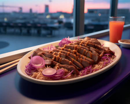 a plate of food sitting on a table with a glass of orange juice next to itの素材