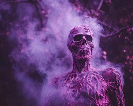 a purple skeleton with smoke coming out of its mouthの素材