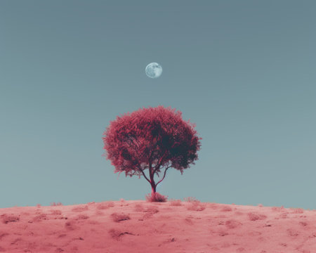 a red tree in the middle of a desert with the moon in the backgroundの素材